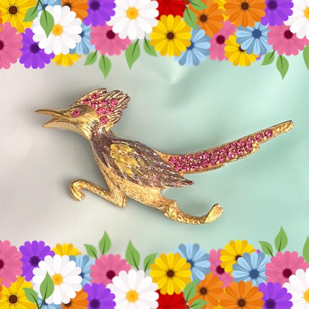 Gold Tone Roadrunner Brooch Ruby Colored Stones - image 1
